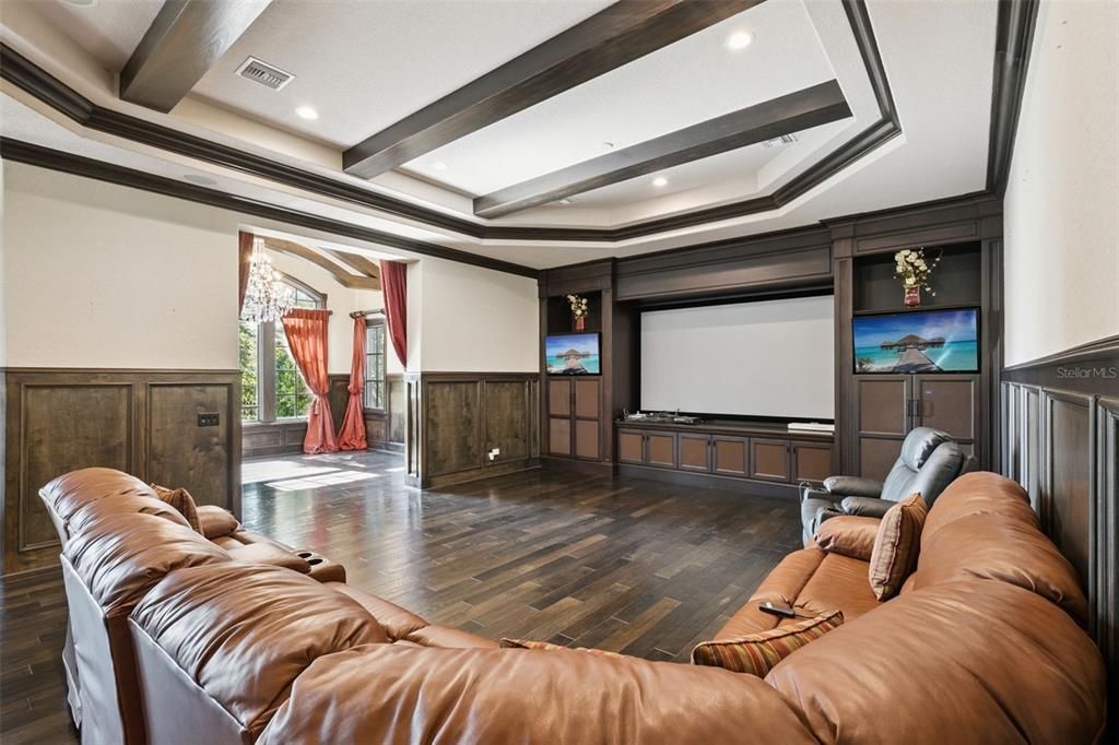 Interior, Projection Screen, Recessed Lighting, Theatre Room, Wood Texture Flooring