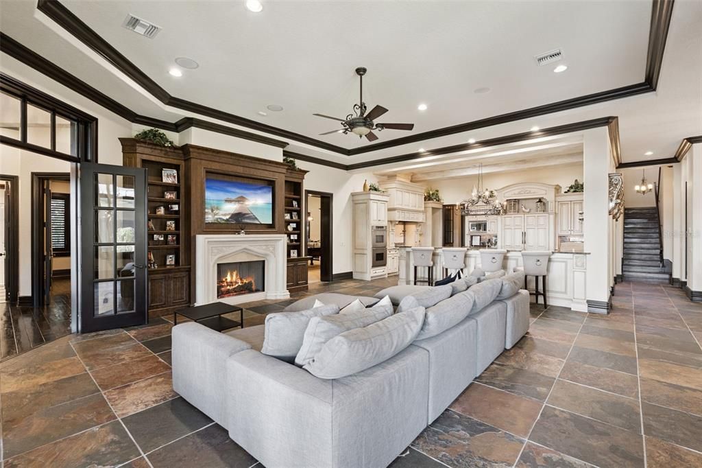 Chandelier, Fireplace, Interior, Kitchen, Living room, Pendant Lights, Recessed Lighting