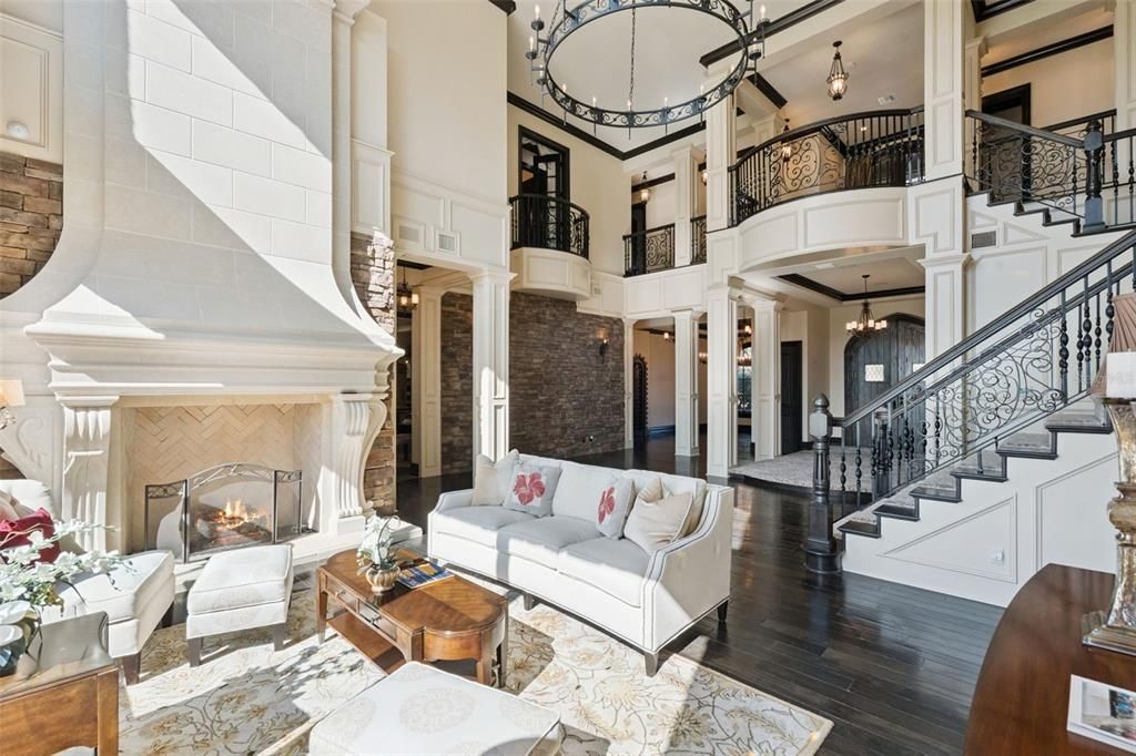 Chandelier, Fireplace, Interior, Living room, Pendant Lights, Wood Texture Flooring