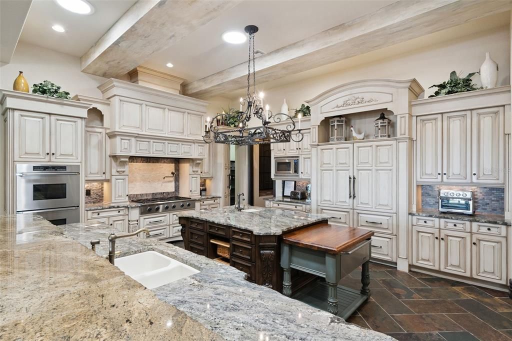 Chandelier, Interior, Kitchen, Recessed Lighting, Stainless Steel Appliances, Wooden Beams