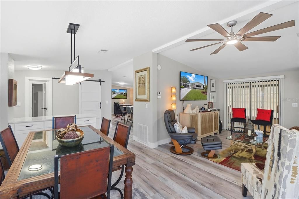 Dining room, Interior, Living room, Pendant Lights, Wood Texture Flooring