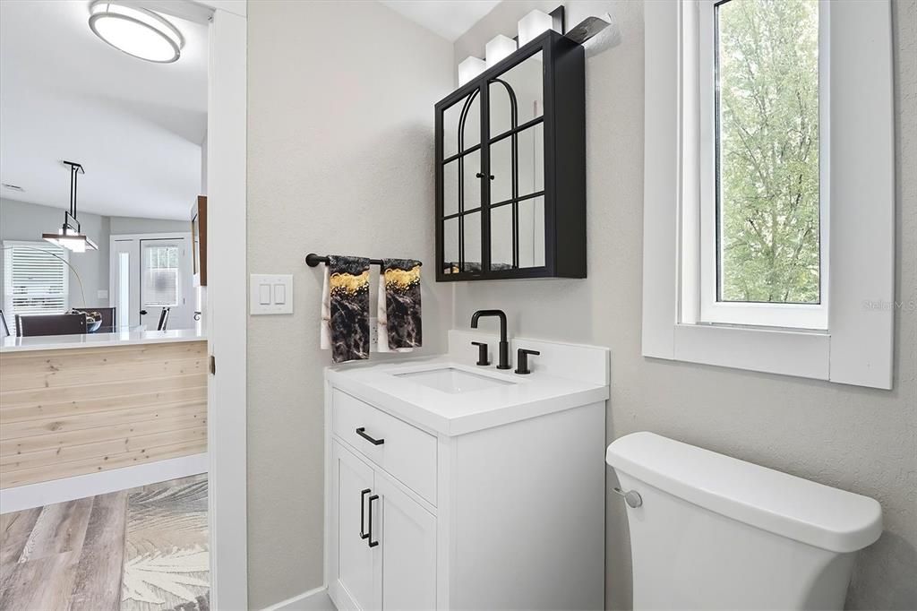 Bathroom, Interior, Pendant Lights, Wood Texture Flooring