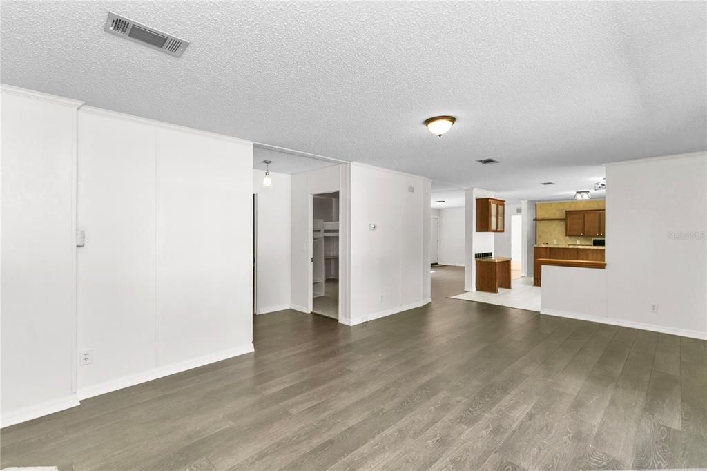 Empty room, Interior, Kitchen, Pendant Lights, Wood Texture Flooring