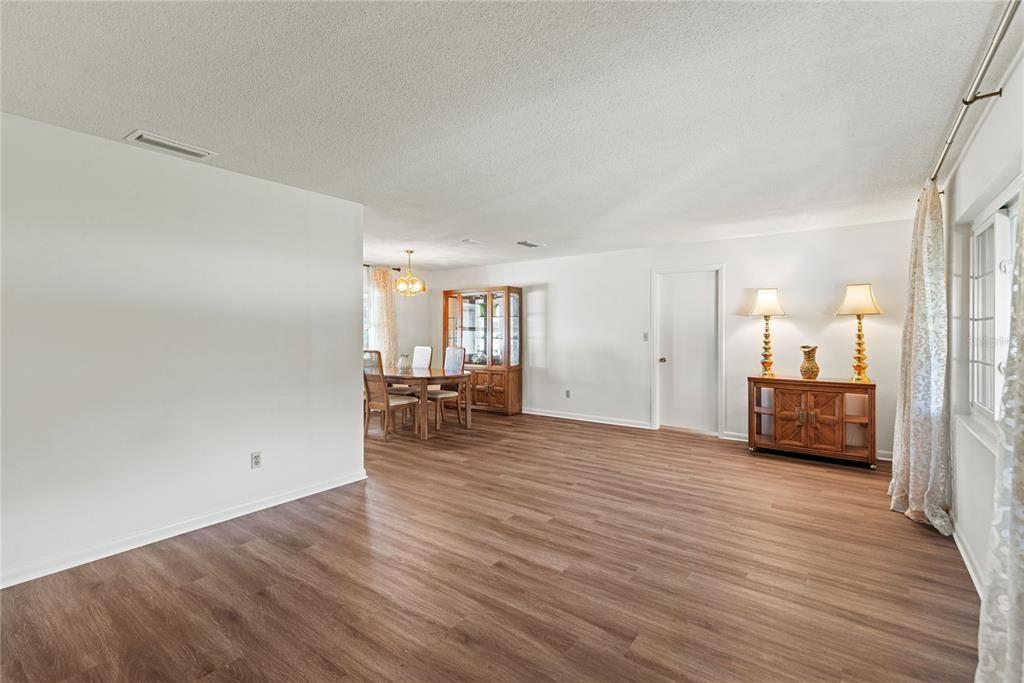 Chandelier, Dining room, Empty room, Interior, Wood Texture Flooring