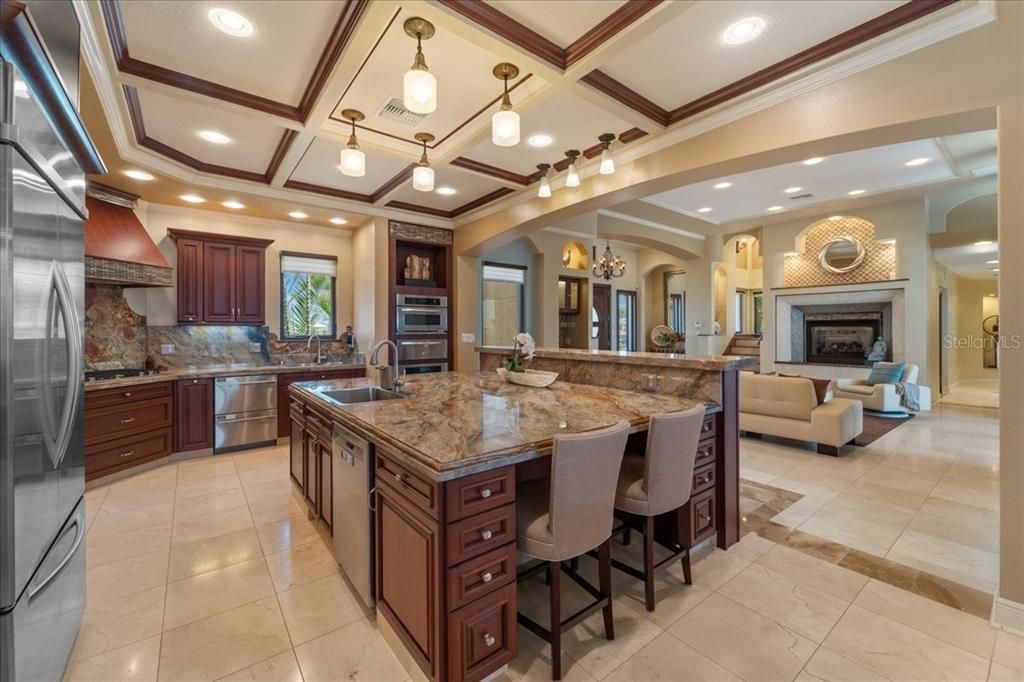 Fireplace, Interior, Kitchen, Living room, Pendant Lights, Recessed Lighting, Stainless Steel Appliances