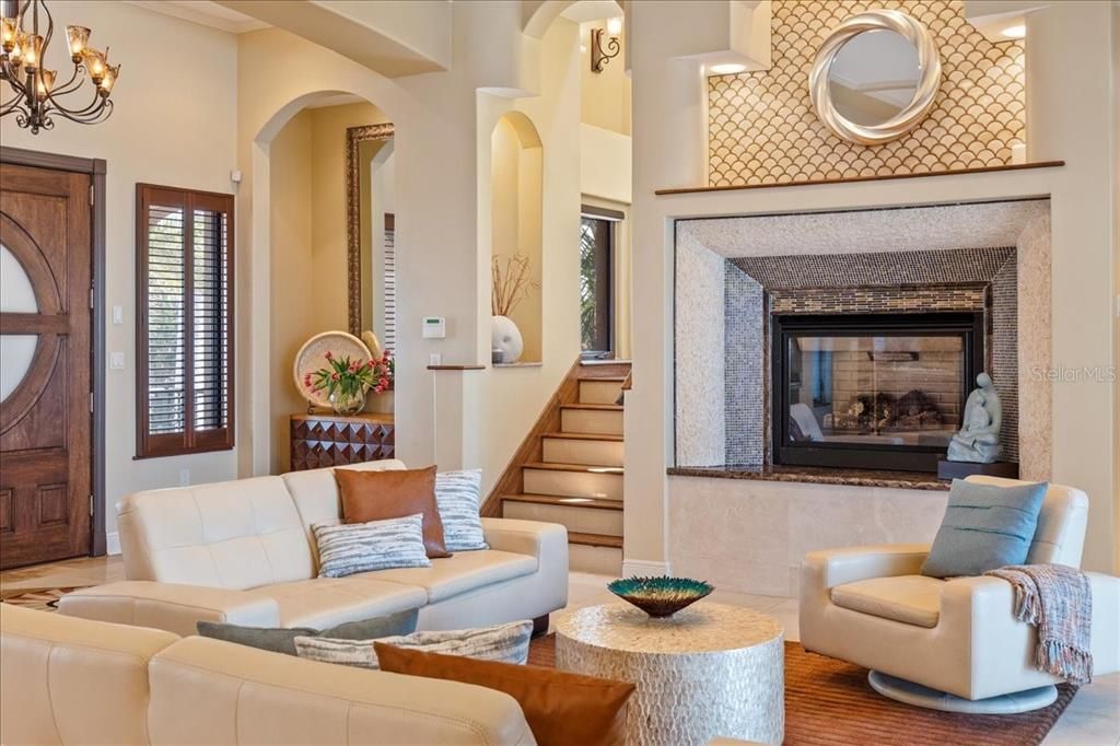 Chandelier, Fireplace, Interior, Living room