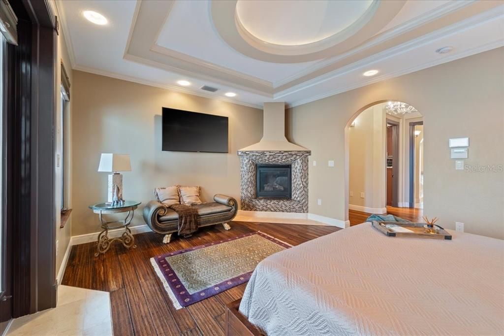 Bedroom, Fireplace, Interior, Recessed Lighting, Wood Texture Flooring