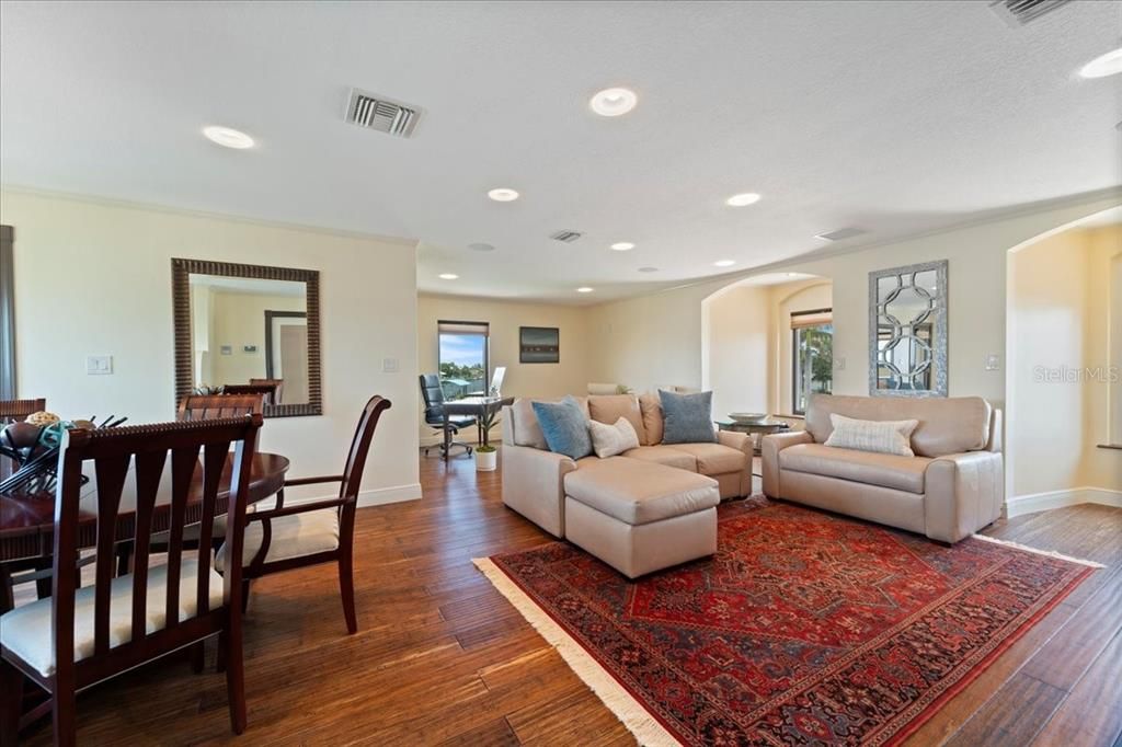Dining room, Interior, Living room, Recessed Lighting, Wood Texture Flooring