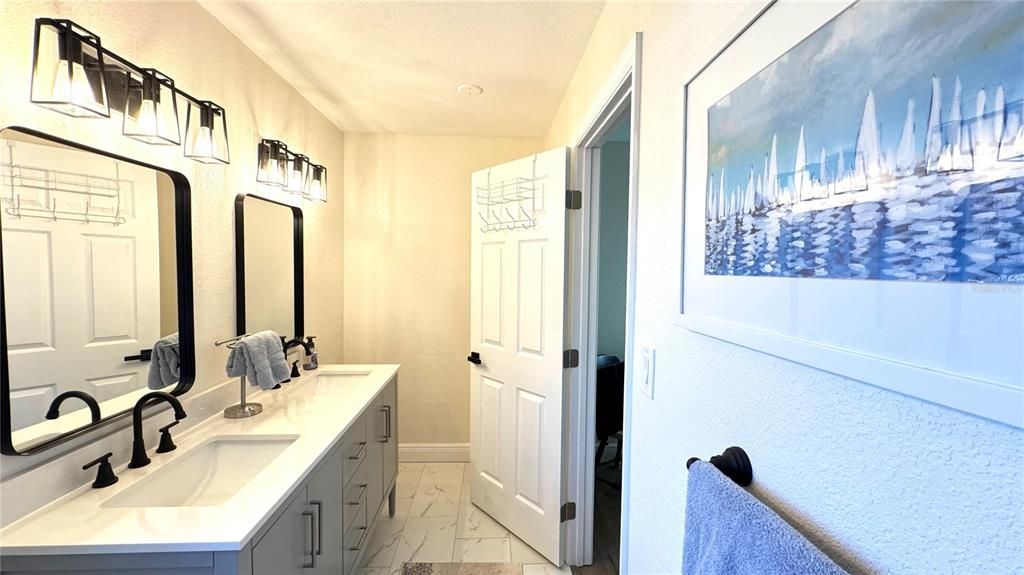 Bathroom, Dual Sink Vanities, Interior, Marble, Recessed Lighting
