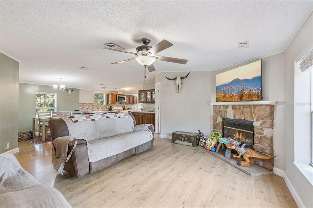 Dining room, Fireplace, Interior, Kitchen, Wood Texture Flooring