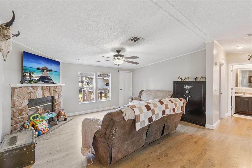 Bedroom, Fireplace, Interior, Wood Texture Flooring