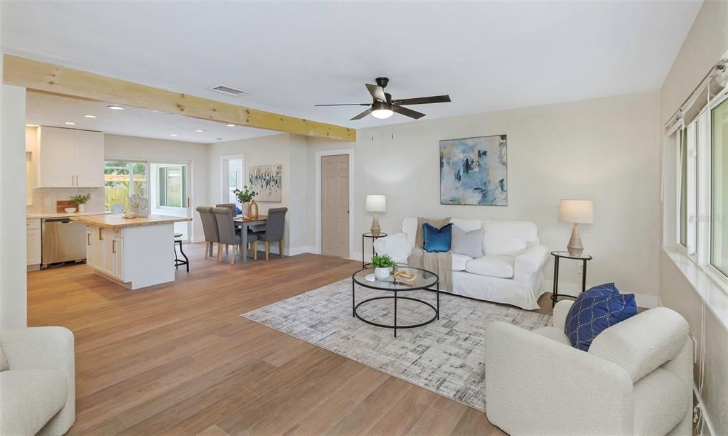 Dining room, Interior, Kitchen, Living room, Recessed Lighting, Wooden Beams, Wood Texture Flooring