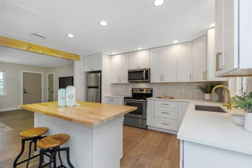 Interior, Kitchen, Recessed Lighting, Stainless Steel Appliances, Wooden Beams, Wood Texture Flooring
