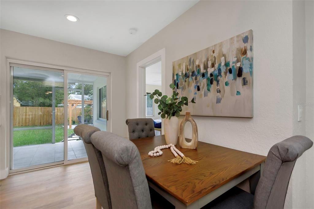 Dining room, Interior, Recessed Lighting, Wood Texture Flooring