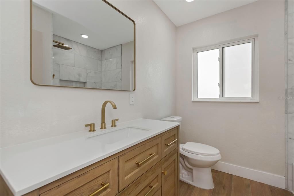 Bathroom, Interior, Marble Walls, Recessed Lighting, Wood Texture Flooring