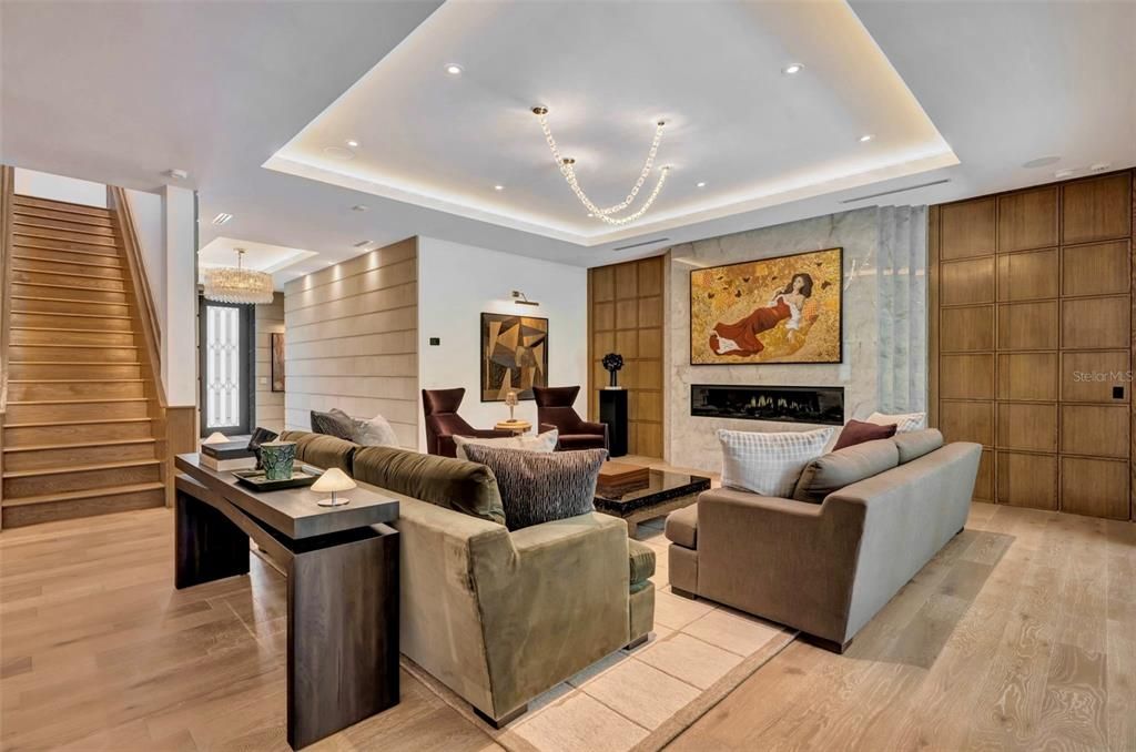 Fireplace, Interior, Living room, Recessed Lighting, Wood Texture Flooring, Wooden Walls