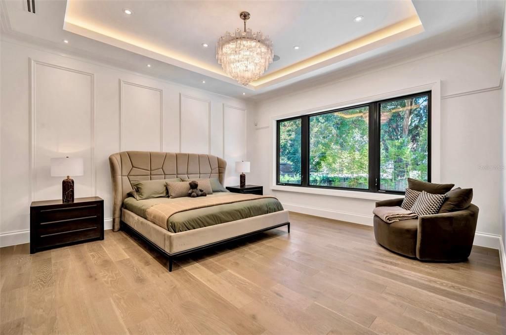 Bedroom, Chandelier, Interior, Recessed Lighting, Wood Texture Flooring