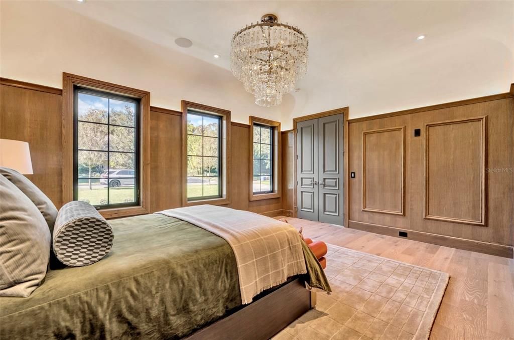 Bedroom, Chandelier, Interior, Recessed Lighting, Wood Texture Flooring