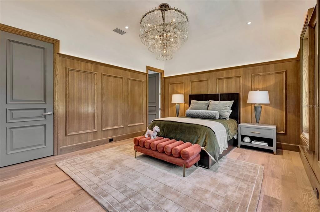 Bedroom, Chandelier, Interior, Recessed Lighting, Wood Texture Flooring