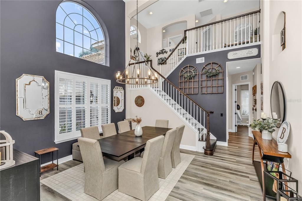 Dining room, Interior, Pendant Lights, Recessed Lighting, Wood Texture Flooring
