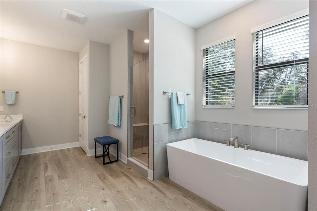 Bathroom, Free Standing Baths, Glass Shower, Interior, Recessed Lighting, Wood Texture Flooring