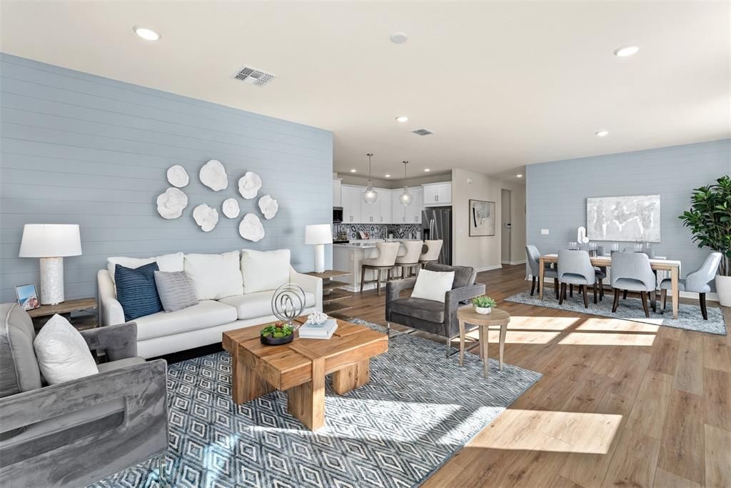 Dining room, Interior, Kitchen, Living room, Pendant Lights, Recessed Lighting, Stainless Steel Appliances, Wood Texture Flooring