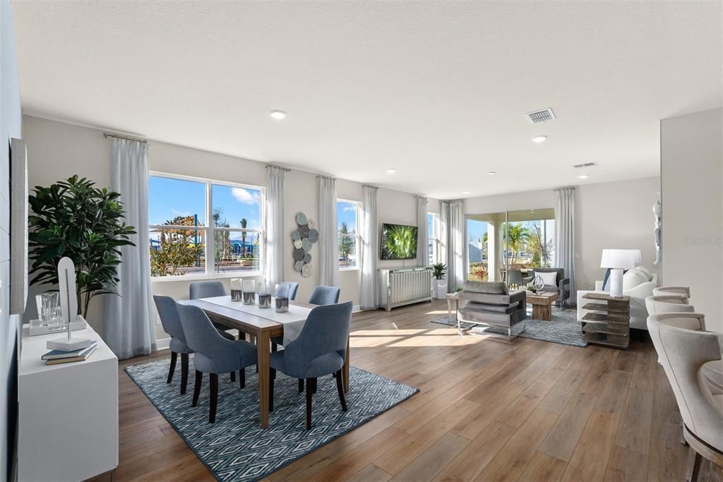 Dining room, Interior, Living room, Recessed Lighting, Wood Texture Flooring