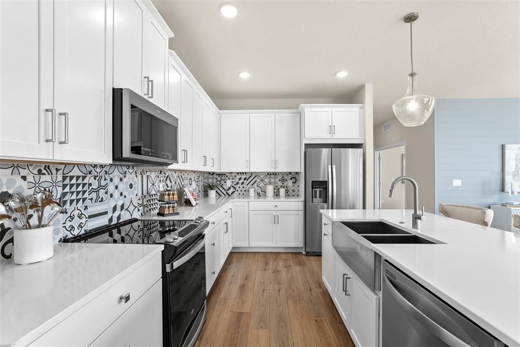 Interior, Kitchen, Pendant Lights, Recessed Lighting, Stainless Steel Appliances, Wood Texture Flooring