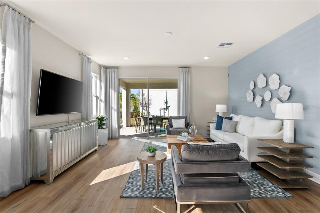 Dining room, Interior, Living room, Recessed Lighting, Wood Texture Flooring