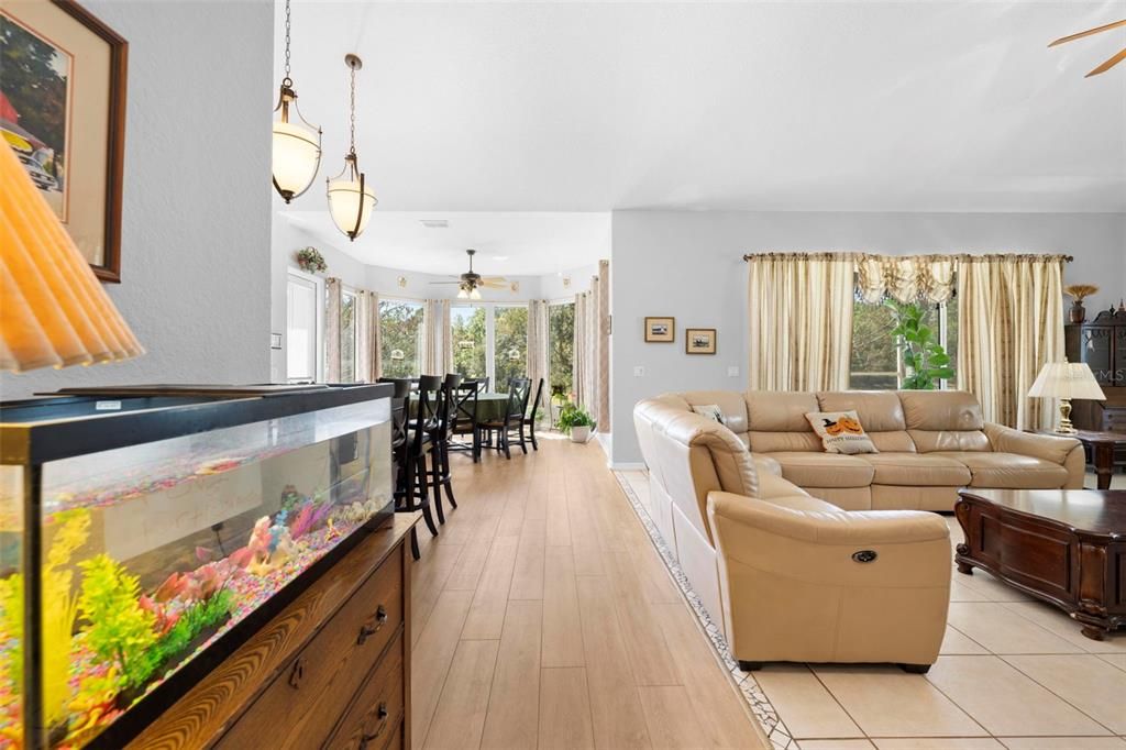 Dining room, Interior, Living room, Pendant Lights, Wood Texture Flooring