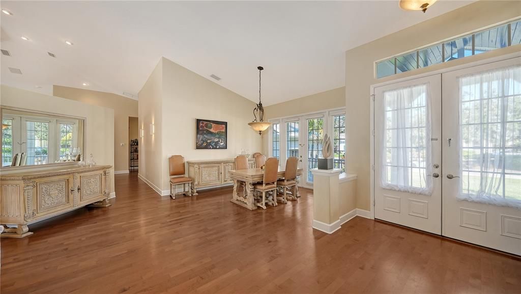 Dining room, Interior, Pendant Lights, Recessed Lighting, Wood Texture Flooring