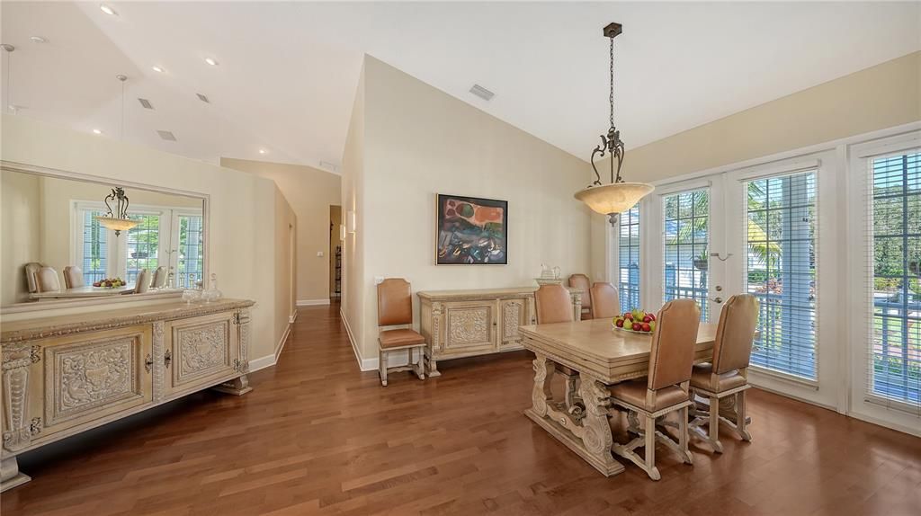 Dining room, Interior, Pendant Lights, Recessed Lighting, Wood Texture Flooring