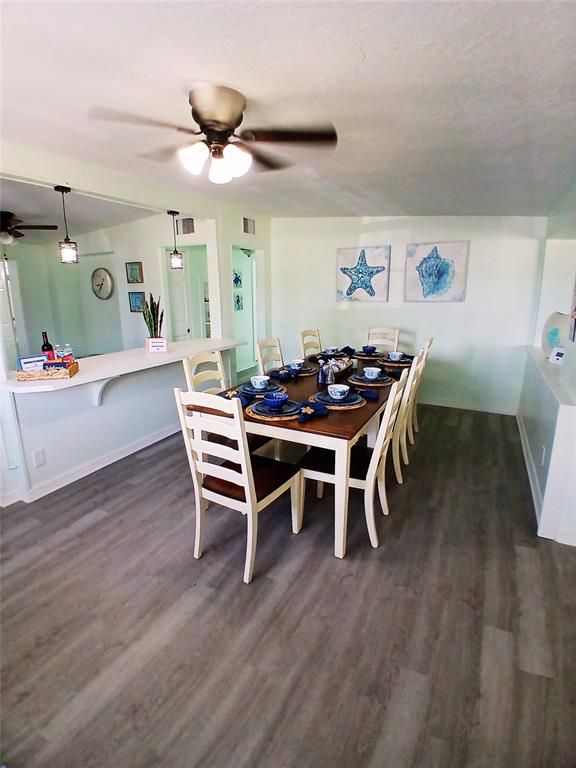 Dining room, Interior, Pendant Lights, Wood Texture Flooring