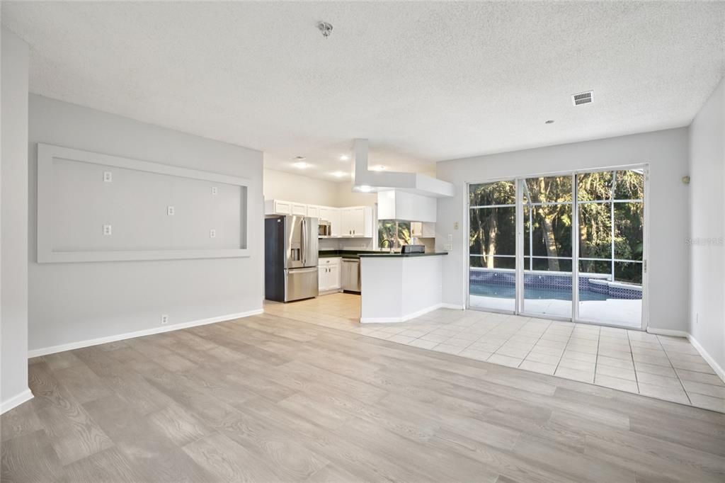 Empty room, Interior, Kitchen, Recessed Lighting, Wood Texture Flooring