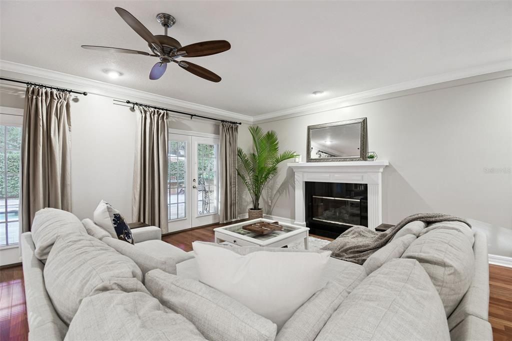 Fireplace, Interior, Living room, Recessed Lighting, Wood Texture Flooring
