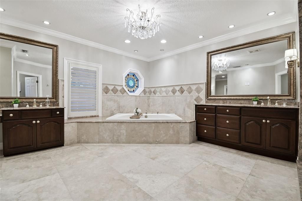 Bathroom, Chandelier, Dual Sink Vanities, Interior, Recessed Lighting