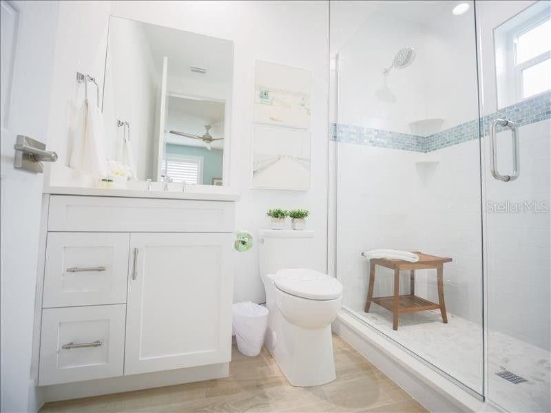 Bathroom, Glass Shower, Interior, Recessed Lighting, Wood Texture Flooring