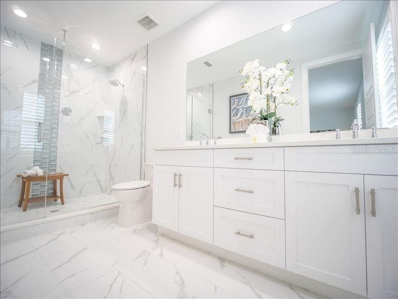 Bathroom, Glass Shower, Interior, Marble, Marble Walls, Recessed Lighting