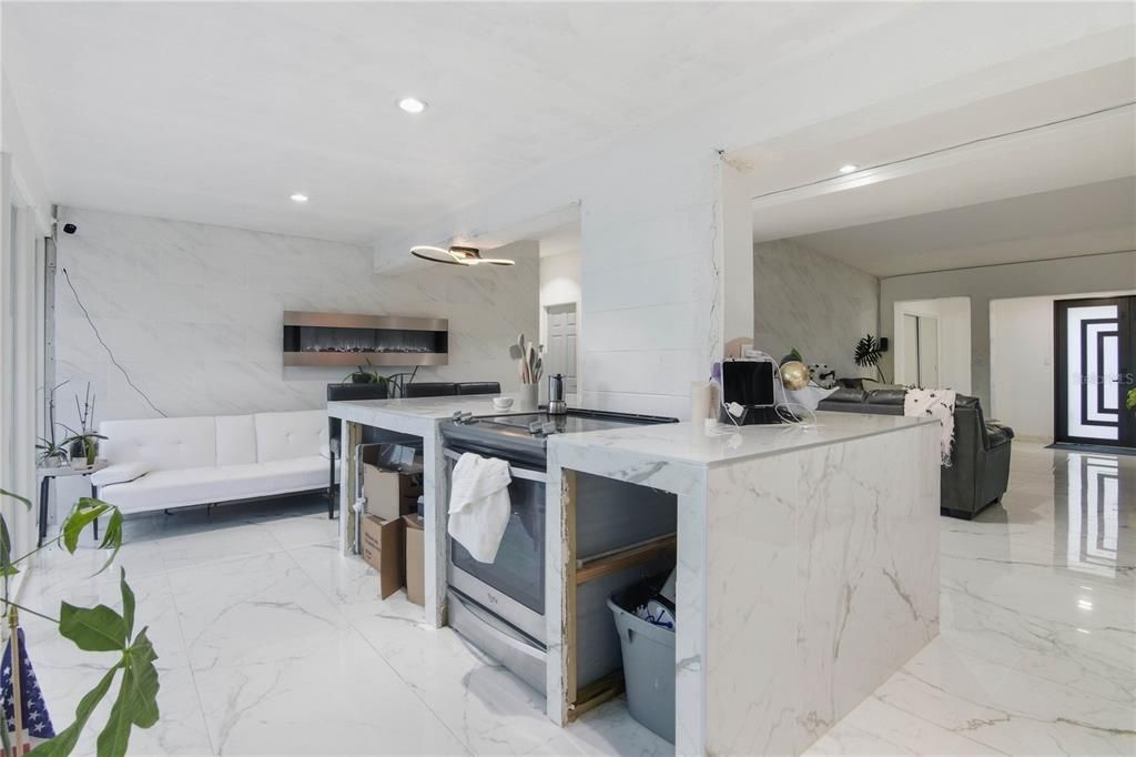 Interior, Kitchen, Marble, Marble Walls, Recessed Lighting