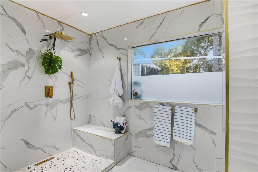 Bathroom, Interior, Marble Walls, Recessed Lighting