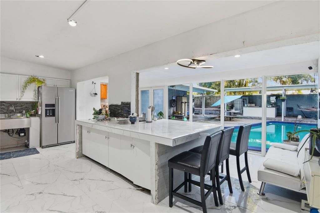 Interior, Kitchen, Marble, Recessed Lighting, Stainless Steel Appliances