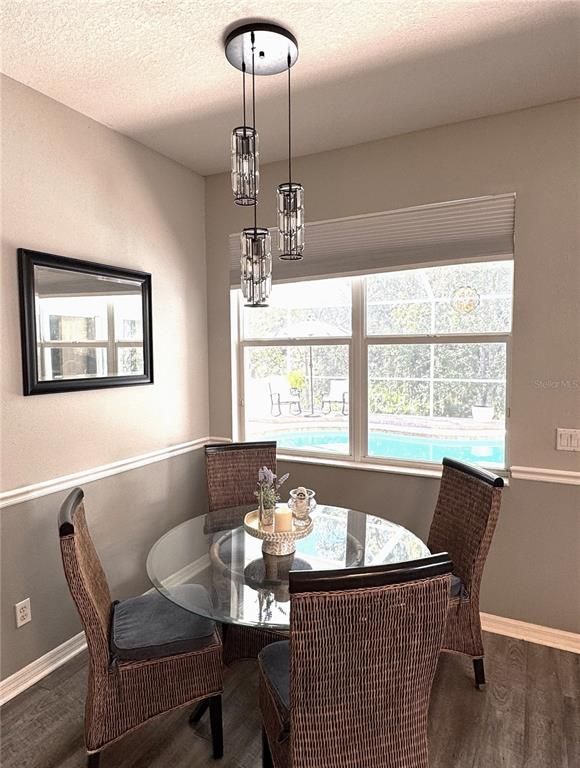 Dining room, Interior, Pendant Lights, Wood Texture Flooring
