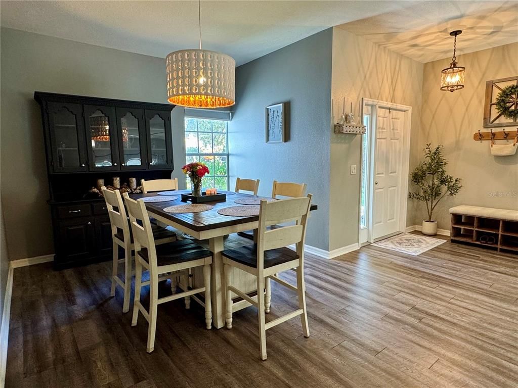 Dining room, Interior, Pendant Lights, Wood Texture Flooring