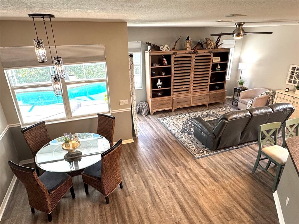 Dining room, Interior, Living room, Pendant Lights, Wood Texture Flooring