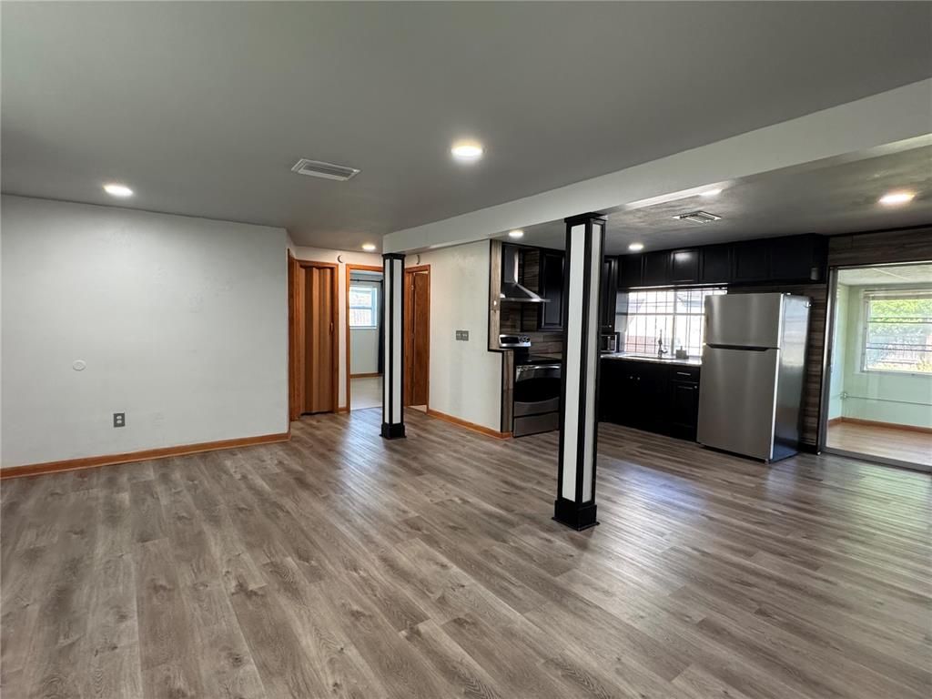 Empty room, Interior, Kitchen, Recessed Lighting, Wood Texture Flooring