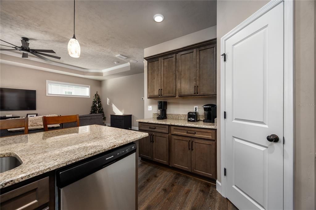 Interior, Kitchen, Pendant Lights, Recessed Lighting, Wood Texture Flooring