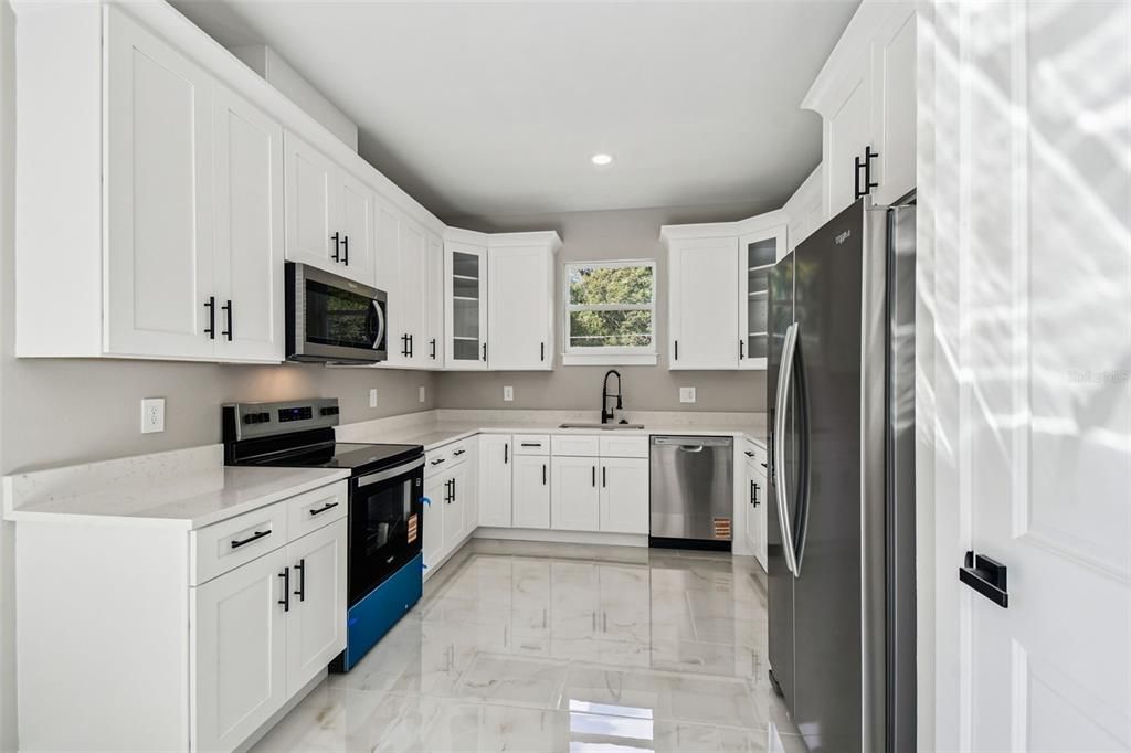 Interior, Kitchen, Marble, Recessed Lighting, Stainless Steel Appliances