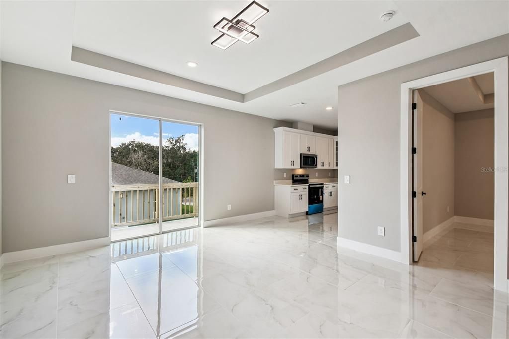 Empty room, Interior, Kitchen, Marble, Recessed Lighting, Stainless Steel Appliances