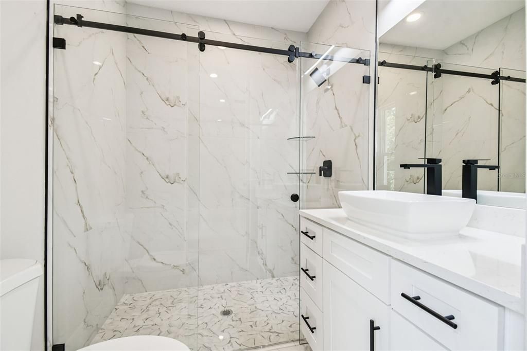 Bathroom, Glass Shower, Interior, Marble Walls, Recessed Lighting
