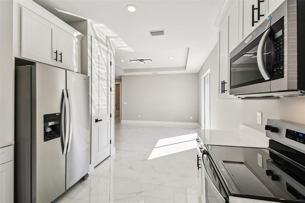 Interior, Kitchen, Marble, Recessed Lighting, Stainless Steel Appliances